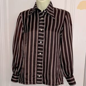Vintage 70s HBW Brand Brown‎ & Cream Striped Nylon Polyester Long Sleeve Shirt